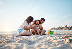 Lgbt parents on beach, men and child playing in summer, sand and island holiday together. Love, fun and sunshine, gay couple on tropical ocean vacation with daughter and happy family at picnic time.