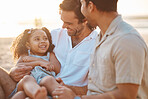 Gay couple, funny and relax with family at beach for seaside holiday, support and travel. Summer, vacation and love with men and child laughing in nature for lgbtq, happiness and bonding together