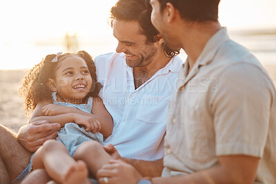 Buy stock photo Gay couple, funny and relax with family at beach for seaside holiday, support and travel. Summer, vacation and love with men and child laughing in nature for lgbtq, happiness and bonding together