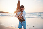 Beach, sunset and father play with girl on holiday, vacation and adventure. Happy family, summer and child laughing with dad by ocean for bonding, healthy relationship and fun outdoors at sunset