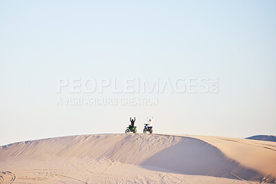Buy stock photo Motorbike, race celebration and desert on sand, competition or outdoor hill for sky background, goal or off road. Motorcycle athlete, ramp and nature with win, success and contest with mockup space
