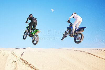 Buy stock photo Bike, sand and sports with people in the desert for adrenaline, adventure or training in nature. 