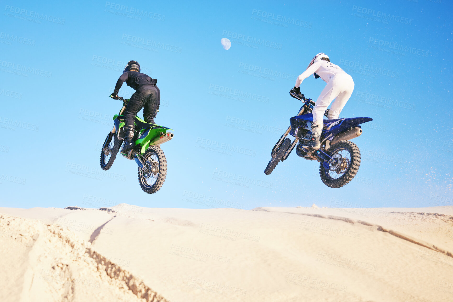 Buy stock photo Bike, sand and sports with people in the desert for adrenaline, adventure or training in nature. 