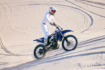 Buy stock photo Sand, desert or man with motorcycle for action, adventure and fitness with performance. Adrenaline, extreme sports and male person on motorbike on dunes for training, exercise and race or challenge