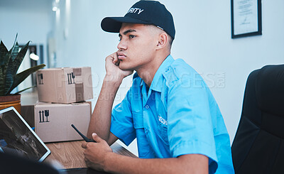 Buy stock photo Safety, surveillance and a bored man security guard sitting at a desk in his office to serve and protect. CCTV, control and uniform with a tired officer working as a private government employee