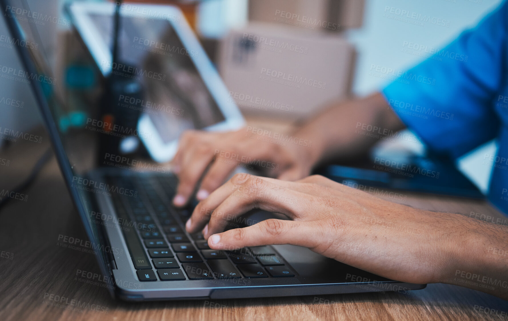 Buy stock photo Hands, laptop and surveillance with a security guard in a CCTV room closeup to monitor criminal activity. Computer, safety and typing with an officer searching for evidence or information online