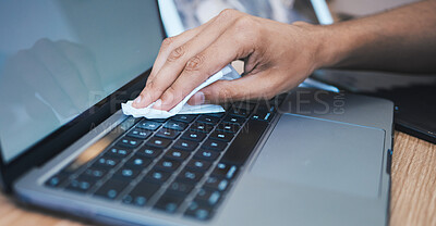 Buy stock photo Cleaning, wipe dust and hands with laptop for hygiene, disinfection and maintenance for health in office. Technology, closeup and keyboard for bacteria, dust and dirt on computer for clean workplace