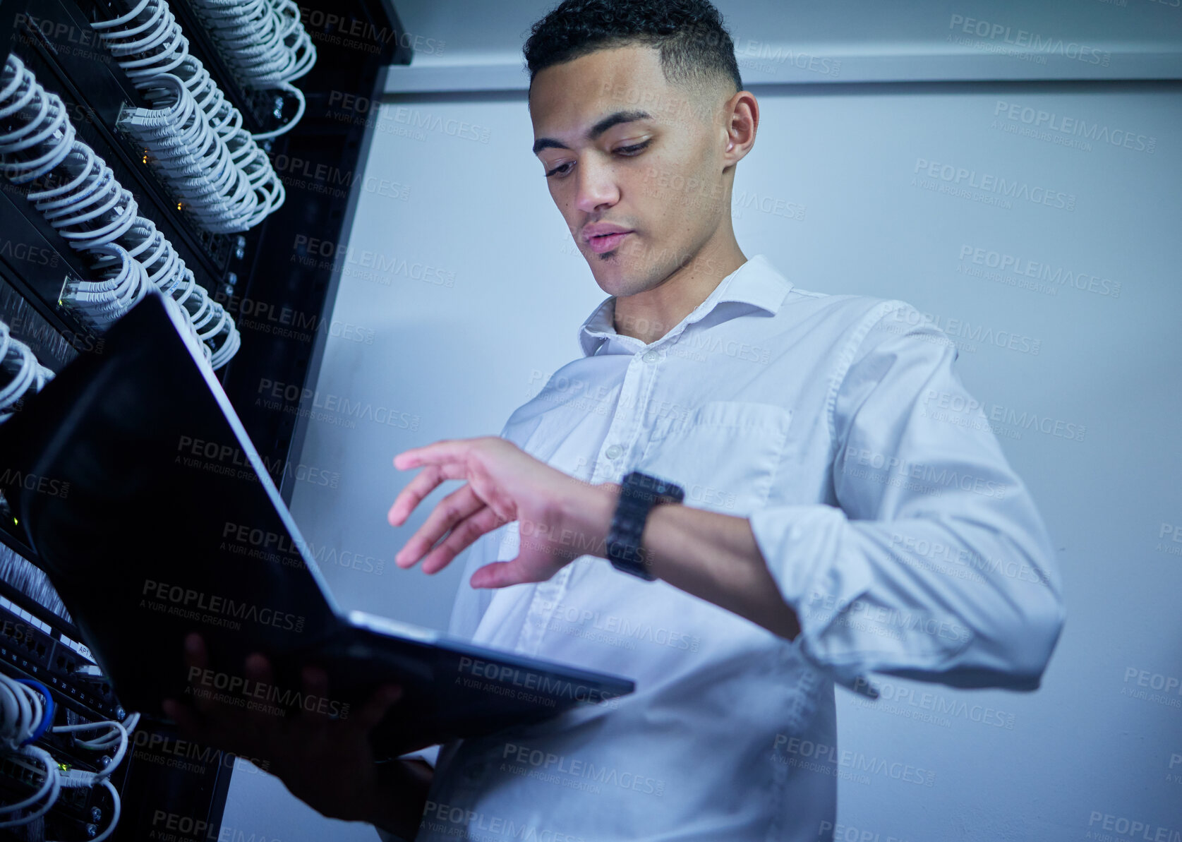 Buy stock photo Laptop, server room technician and man problem solving cloud computing, data center or cybersecurity network. Software analysis, supercomputer update and admin person inspection of system connection