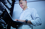 Laptop, server room technician and happy man smile for  cloud computing success, data center insight or online progress. Software program, information technology and person update system connection
