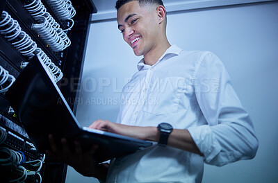 Buy stock photo Laptop, server room technician and happy man smile for  cloud computing success, data center insight or online progress. Software program, information technology and person update system connection