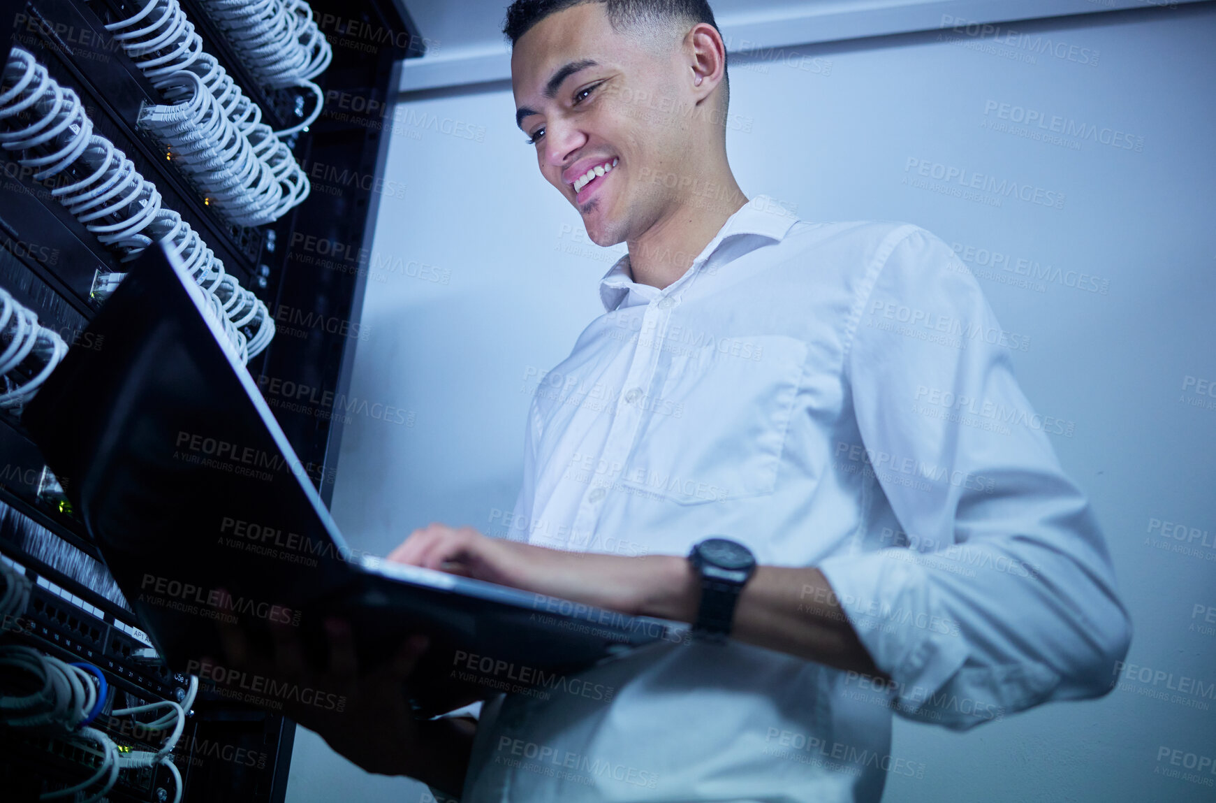 Buy stock photo Laptop, server room technician and happy man smile for  cloud computing success, data center insight or online progress. Software program, information technology and person update system connection