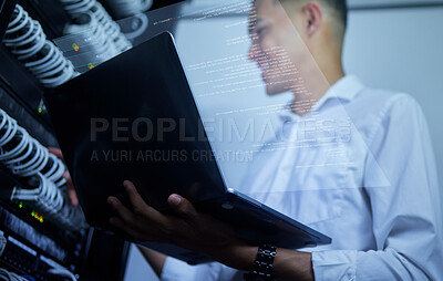 Buy stock photo Laptop, server room technician and man programming cloud computing network, fix cable system or data center. Software program code, virtual hologram dashboard or IT person upgrade hardware connection