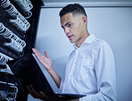 Laptop problem, server room technician and man react to software glitch, system fail or online database error. Cybersecurity risk, programmer and male IT specialist stress over datacenter virus