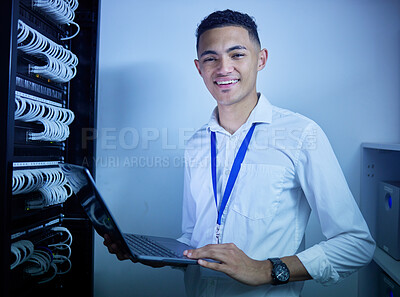 Buy stock photo Man, electrician and computer in server room inspection, cybersecurity maintenance and IT cables or hardware solution. Technician, engineering portrait and laptop for data, firewall and programming