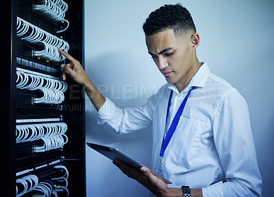 Buy stock photo Man, engineering and tablet in server room or data center inspection, system solution or cybersecurity management. Electrician person on digital technology by power cables, electricity or programming