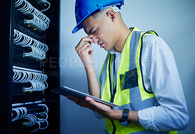 Buy stock photo Electrician, tablet and control room, man with headache and technology, power box with upgrade and health crisis. Migraine, overworked and male technician, energy supply check with digital assessment