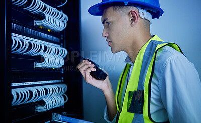 Buy stock photo Electrician, radio communication and control room, man in maintenance and technology, power box and cable update. Walkie talkie, technician and service, generator inspection and electrical assessment