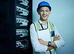 Engineering, portrait and man with tablet in server room for network maintenance, programming code or electrical cables. Happy IT technician with digital technology in data center for database backup