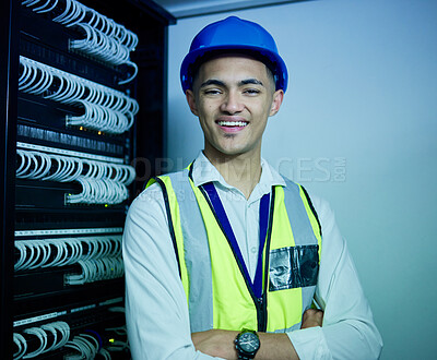 Buy stock photo Engineering, portrait and man with smile in server room for network maintenance, software upgrade and programming cables. IT technician, electrician or arms crossed in data center for database backup