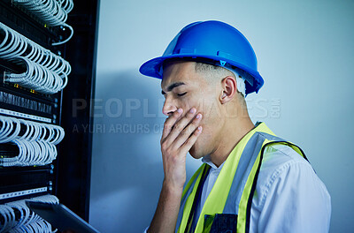Buy stock photo Electrician, control room with man yawning, tired with tablet and tech, power box with update and burnout. Fatigue, overworked and stress of technician with energy supply check and digital assessment