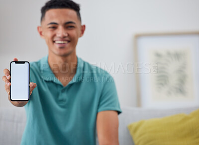 Buy stock photo Phone screen, mockup and portrait of man on sofa for networking, social media and space. Internet, show and mobile app with person in living room of home for ui, communication and website offer