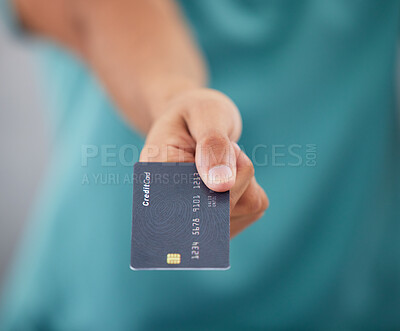 Buy stock photo Person giving credit card, hand and finance with payment, shopping and closeup with retail and store discount. Financial service, customer or client and economy with commerce, transaction and banking