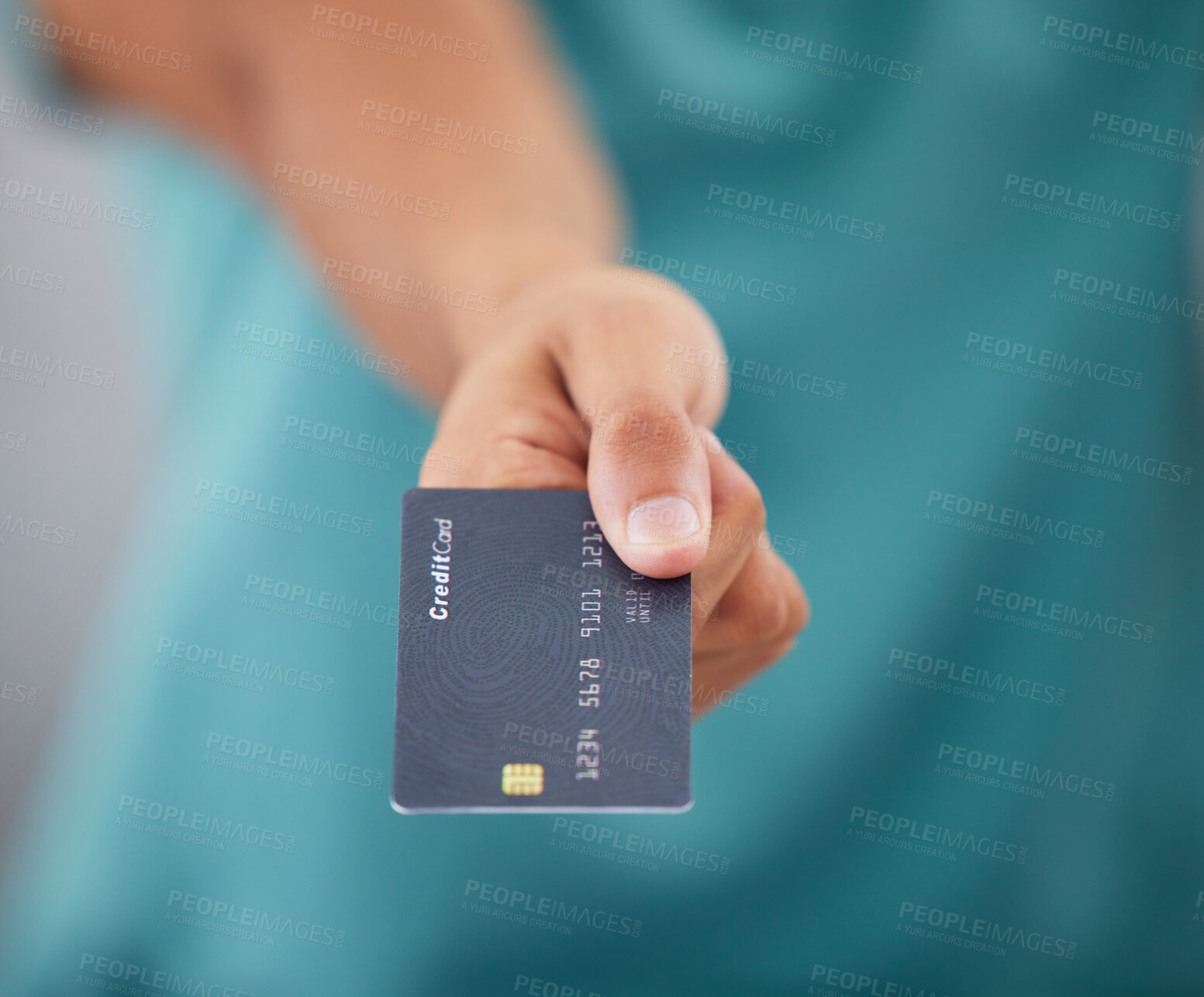 Buy stock photo Person giving credit card, hand and finance with payment, shopping and closeup with retail and store discount. Financial service, customer or client and economy with commerce, transaction and banking