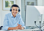 Telemarketing, portrait and man with a smile, call center and employee with headphones, tech support and customer service. Agent, consultant and person with a headset, computer and help desk for crm