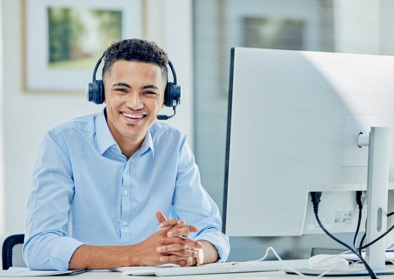 Buy stock photo Telemarketing, portrait and man with a smile, call center and employee with headphones, tech support and customer service. Agent, consultant and person with a headset, computer and help desk for crm
