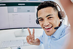 Man, call center selfie and happy communication, customer service and e commerce on computer screen and peace sign. Consultant portrait, agent face or business person for profile picture on desktop