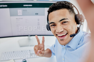 Buy stock photo Man, call center selfie and happy communication, customer service and e commerce on computer screen and peace sign. Consultant portrait, agent face or business person for profile picture on desktop