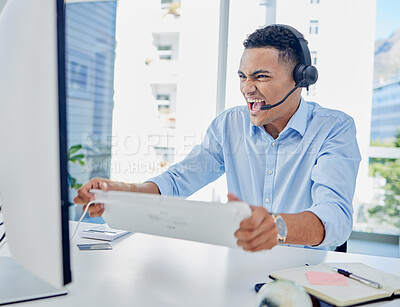 Buy stock photo Stress, call center or angry scream of man at computer for problem, 404 glitch and telemarketing mistake. Crazy, frustrated and anger of salesman with pc keyboard for tech error, challenge and crisis