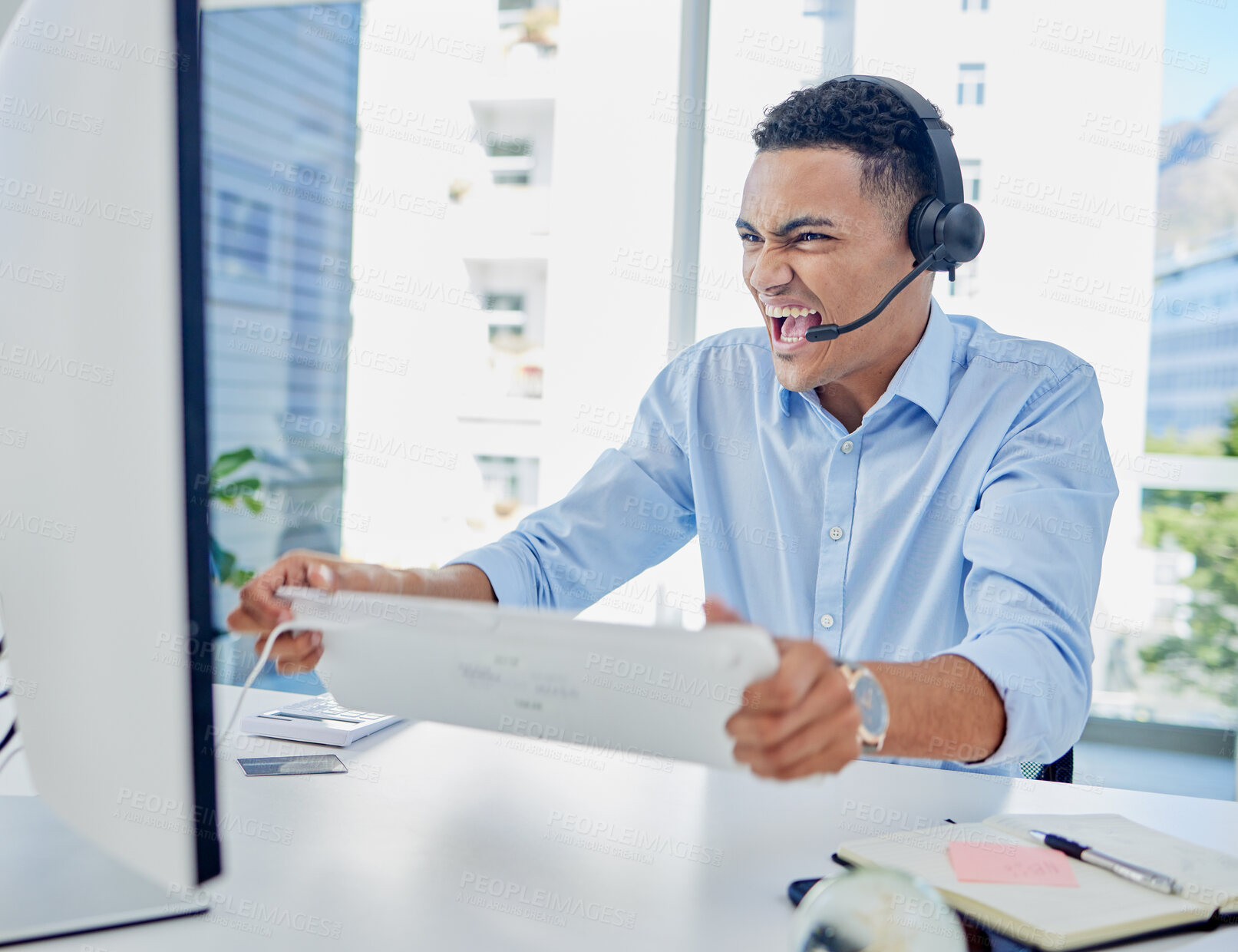 Buy stock photo Stress, call center or angry scream of man at computer for problem, 404 glitch and telemarketing mistake. Crazy, frustrated and anger of salesman with pc keyboard for tech error, challenge and crisis