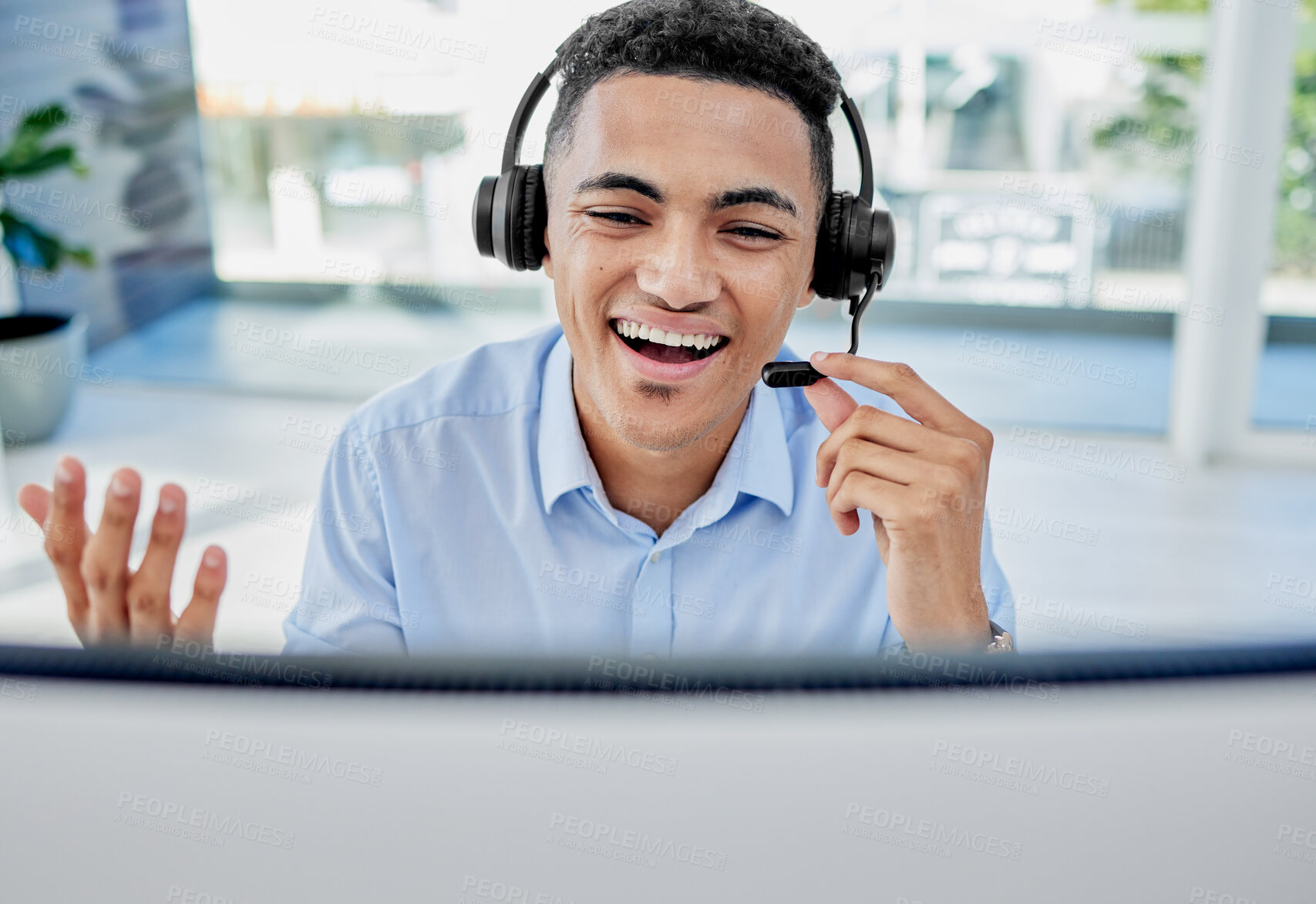 Buy stock photo Telemarketing, customer service and man agent in the office doing an online consultation. Contact us, crm and professional young male call center consultant working with a headset in the workplace.