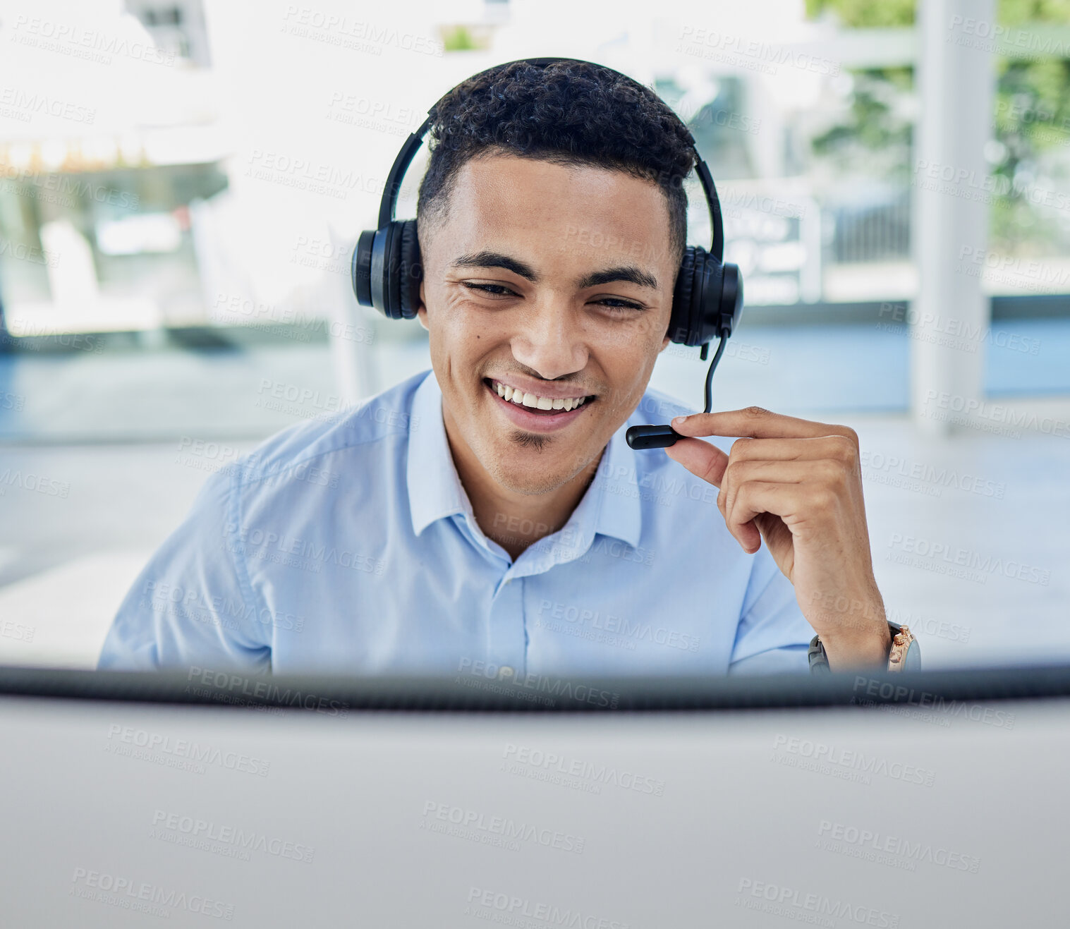 Buy stock photo Call center, business and man consultant in the office doing an online crm consultation. Contact us, ecommerce and professional young male telemarketing agent working with headset in the workplace.