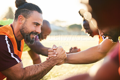 Buy stock photo Rugby, shaking hands and team exercise, training or cooperation at sunrise. Handshake, sports partnership and happy athlete group in trust agreement, solidarity and workout, fitness and collaboration