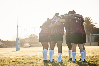 Buy stock photo Rugby, training and a sports team in a huddle on a field for a game, competition or fitness practice. Teamwork, exercise and workout with a group of athlete men in a circle together for preparation