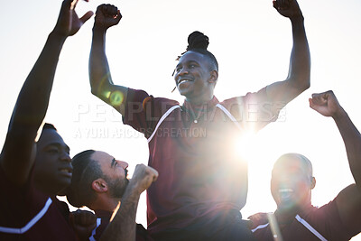 Buy stock photo Rugby, team and celebration of champion in winning, achievement or victory in sports, tournament or game. Happy group of athletic, sporty men or players with fist pump in success, teamwork or fitness
