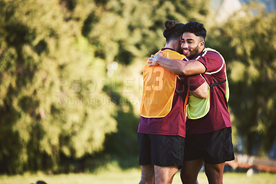 Buy stock photo Rugby, teamwork and space with friends hugging for support, motivation or celebration during training. Fitness, sports and success with a man athlete team embracing outdoor at practice for a game