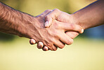 Shaking hands, sports and team collaboration of men, exercise challenge or trust. Handshake, rugby and athlete people in welcome, intro or thank you, agreement or partnership, closeup or mockup space