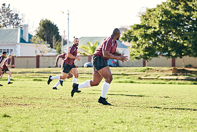 Buy stock photo Rugby, sports and fitness with a team on a field together for a game or match in preparation of a competition. Training, health and teamwork with a group of men outdoor on grass for club practice