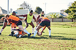 Rugby, fitness and training with a team on a field together for a game or match in preparation of a competition. Sports, health and teamwork with a group of men outdoor on grass for club practice