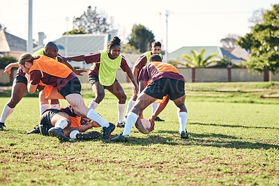 Buy stock photo Rugby, fitness and training with a team on a field together for a game or match in preparation of a competition. Sports, health and teamwork with a group of men outdoor on grass for club practice