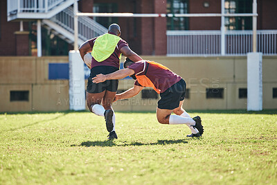 Buy stock photo Rugby, sports and tackle with a team on a field together for a game or match in preparation of a competition. Exercise, health and teamwork with a group of men outdoor on grass for club training