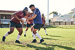 Rugby, sports and coaching with a team on a field together for a game or match in preparation of a competition. Fitness, health and teamwork with a coach training group of men on grass for practice