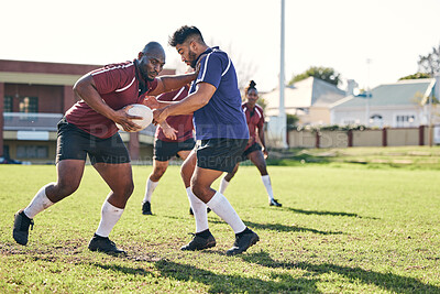 Buy stock photo Rugby, sports and rival with a team on a field together for a game or match in preparation of a competition. Fitness, health and teamwork with a male athlete group training on grass for practice