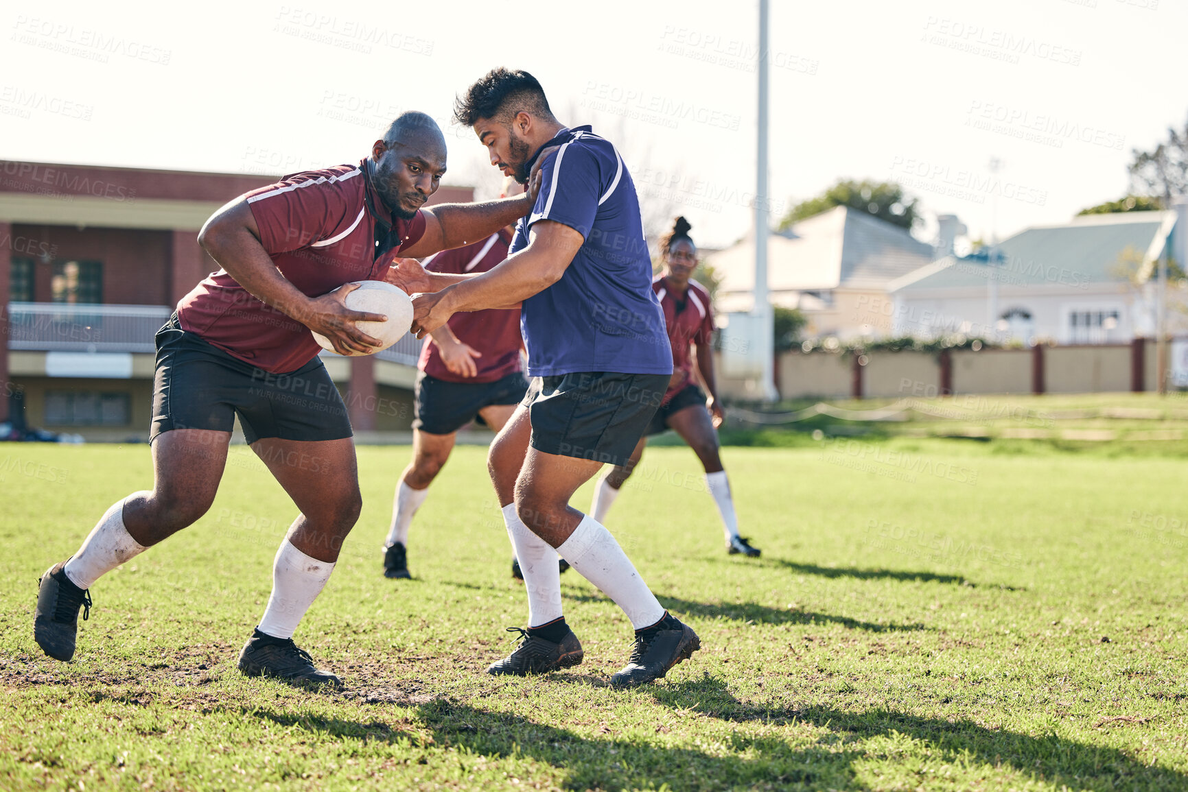 Buy stock photo Rugby, sports and rival with a team on a field together for a game or match in preparation of a competition. Fitness, health and teamwork with a male athlete group training on grass for practice