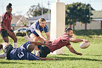 Rugby, sports and score with a team on a field together for a game or match in preparation of a competition. Fitness, health and try with a group of men outdoor on grass for club training or practice