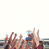 Rugby, team and winning with trophy, champion and men at stadium with ...