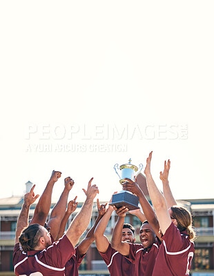 Buy stock photo Rugby, team and winning with trophy, champion and men at stadium with success, celebration and achievement. Male people outdoor, exercise and competition, sports game and cheers with mockup space